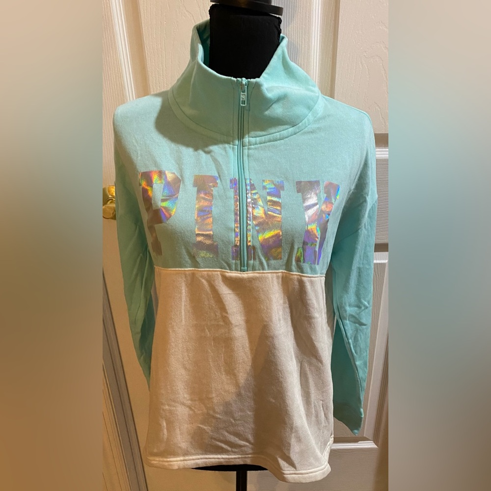 PINK| Sweat Shirt| Sz S| Sea Foam/Light Blue & White w Silver Lame Logo| Zipper